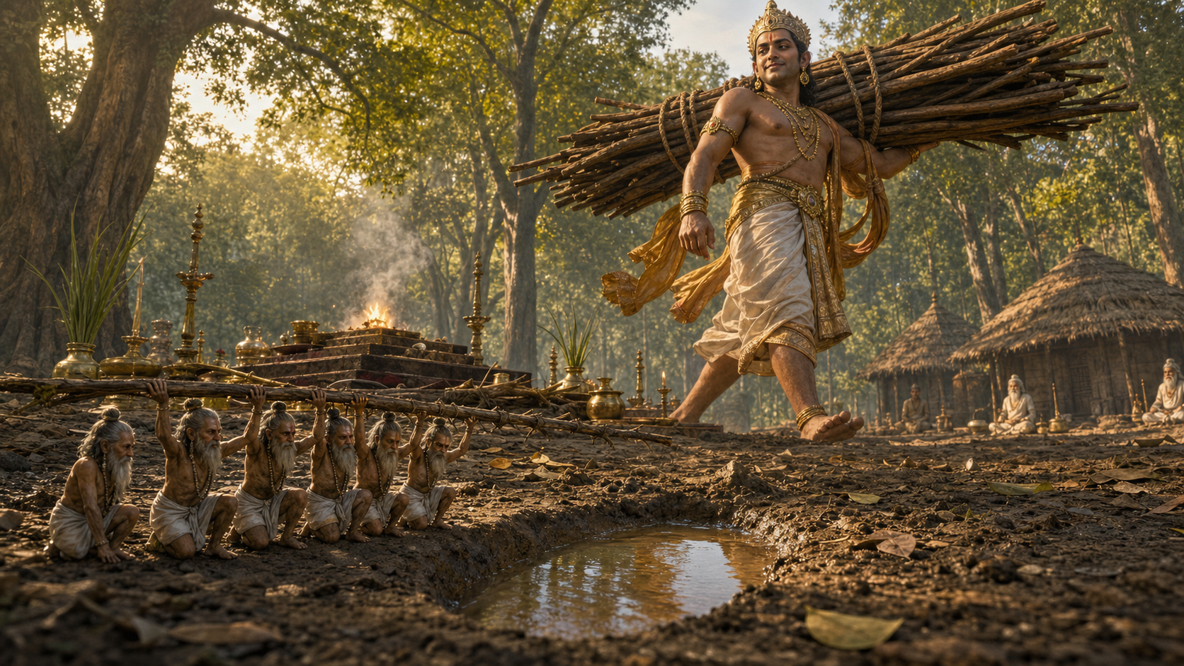 Indra looks down at the tiny Valakhilya ascetics as they carry a twig near a forest sacrificial enclosure.