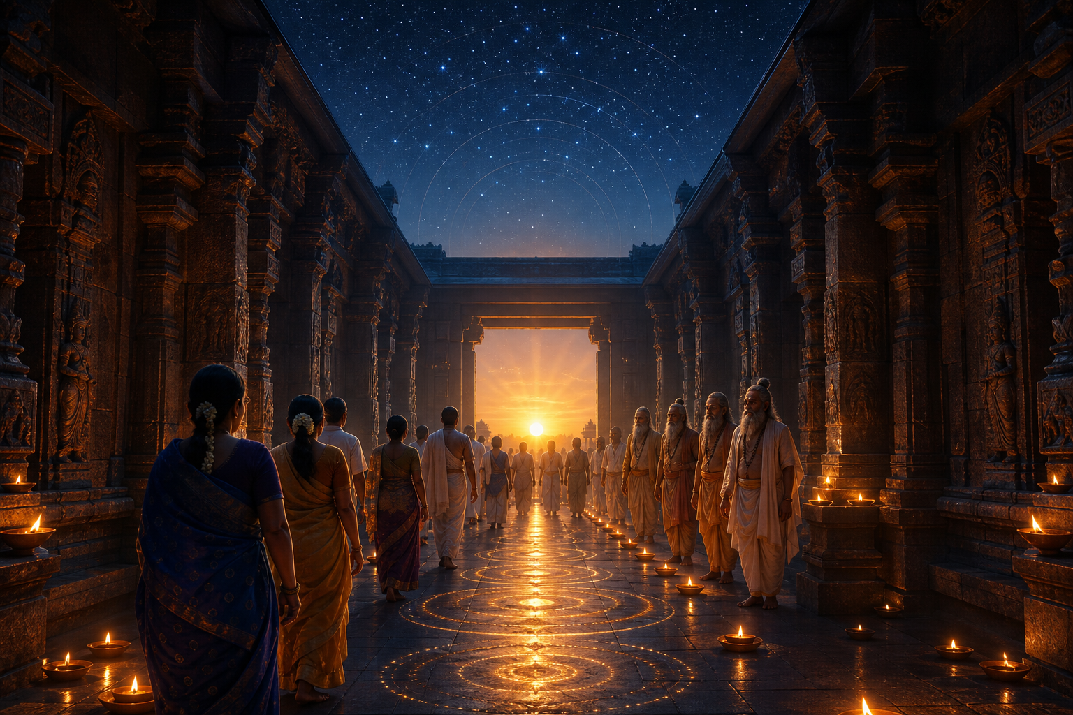 An oil-lamp-lined temple passage opens toward sunrise and stars as devotees and seven sage-like figures approach the luminous threshold.