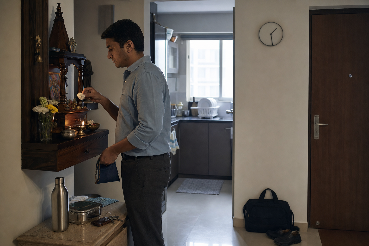 A working adult makes a brief flower offering at a compact home shrine beside a packed lunch, keys, shoes and a work bag.