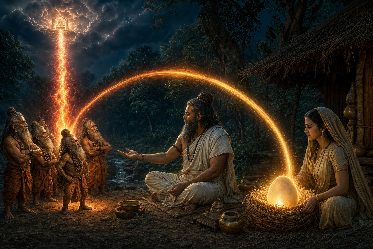 Kashyapa speaks with the small Valakhilya ascetics as a fiery current bends away from a celestial throne toward Vinata's glowing egg.