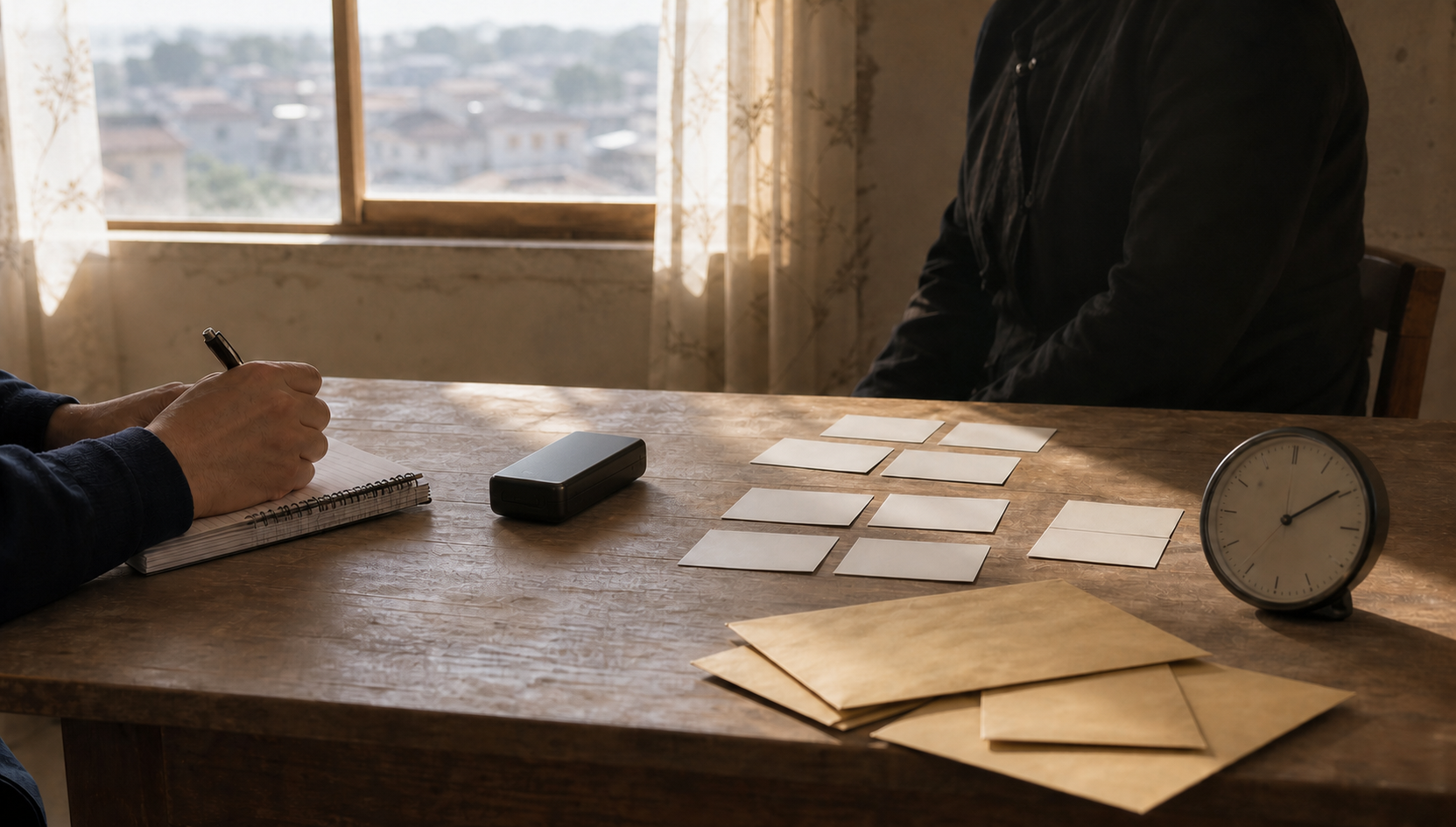 A researcher records an anonymous witness interview at a table with sealed envelopes, blank cards and an analog clock.