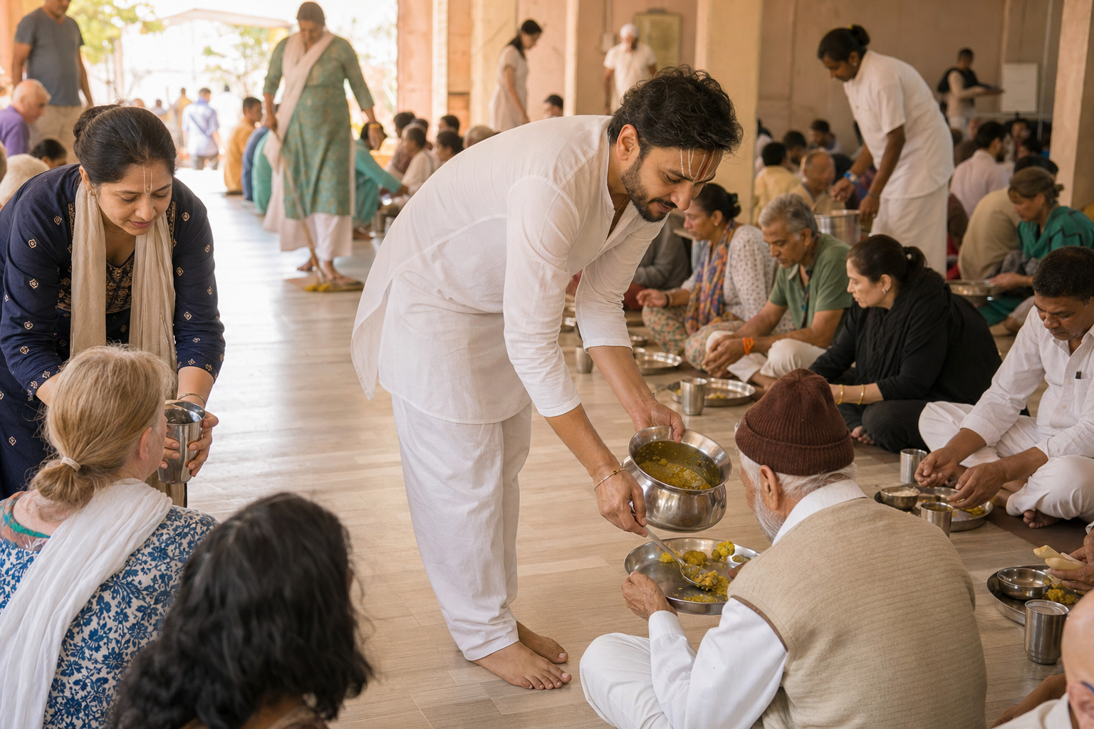 Temple volunteers serve a vegetarian meal and water to seated guests in a sunlit community dining hall.