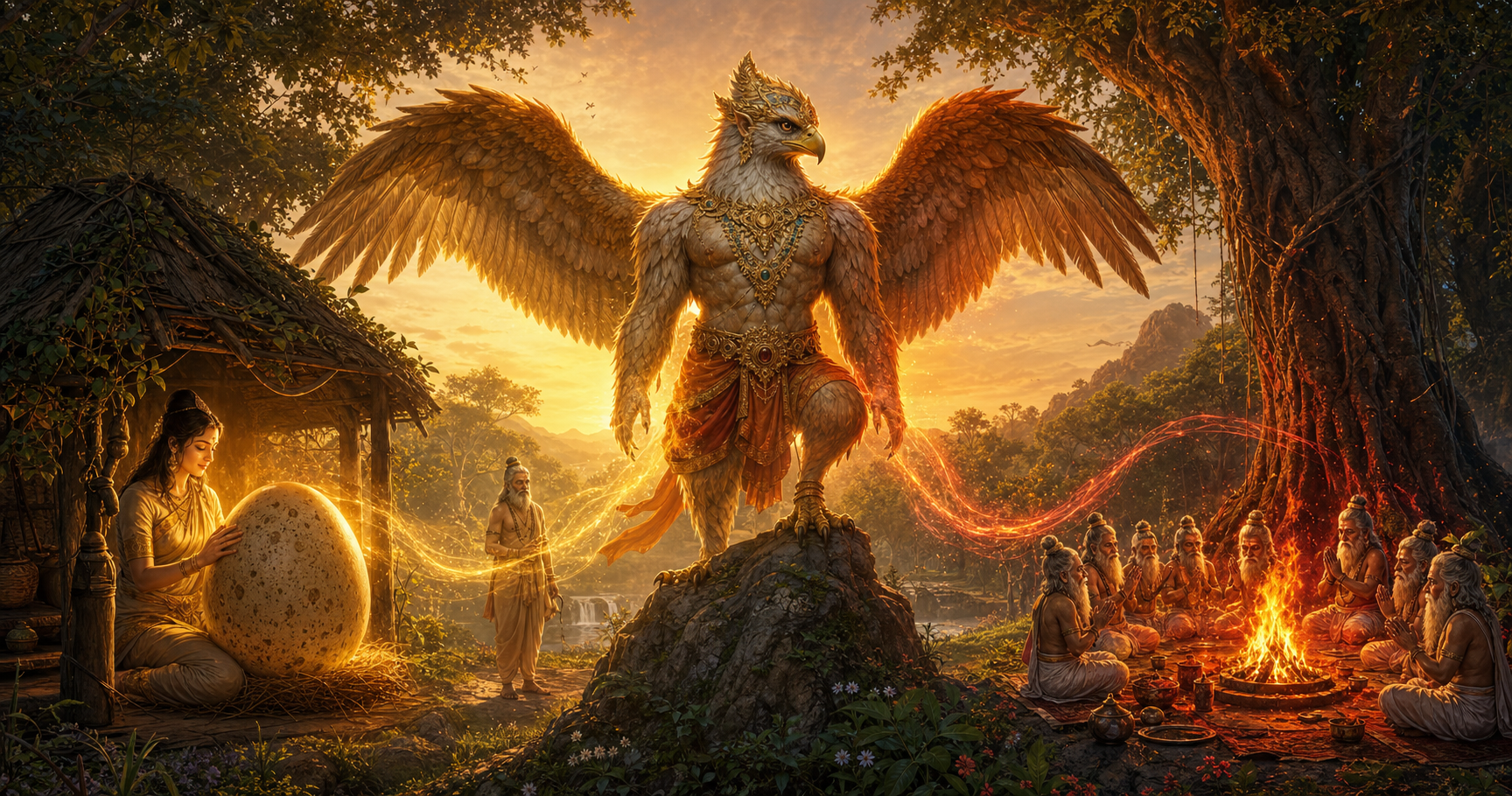 Vinata with a luminous egg and ascetics performing tapas appear on opposite sides of Garuda, whose spread wings join their two sources of light.