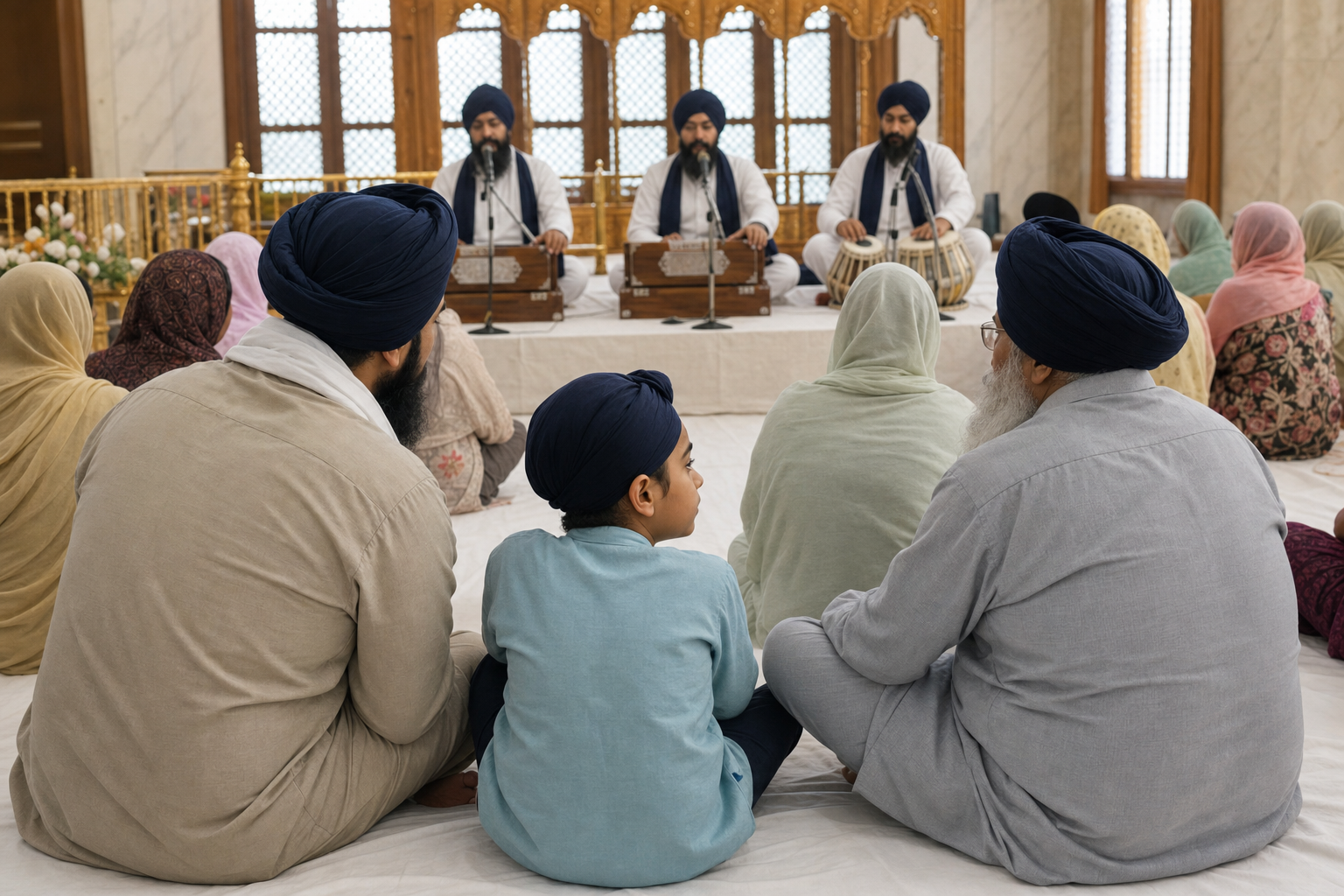 A Sikh child sits between a parent and grandparent in a gurdwara while musicians perform Shabad kirtan with harmonium and tabla.