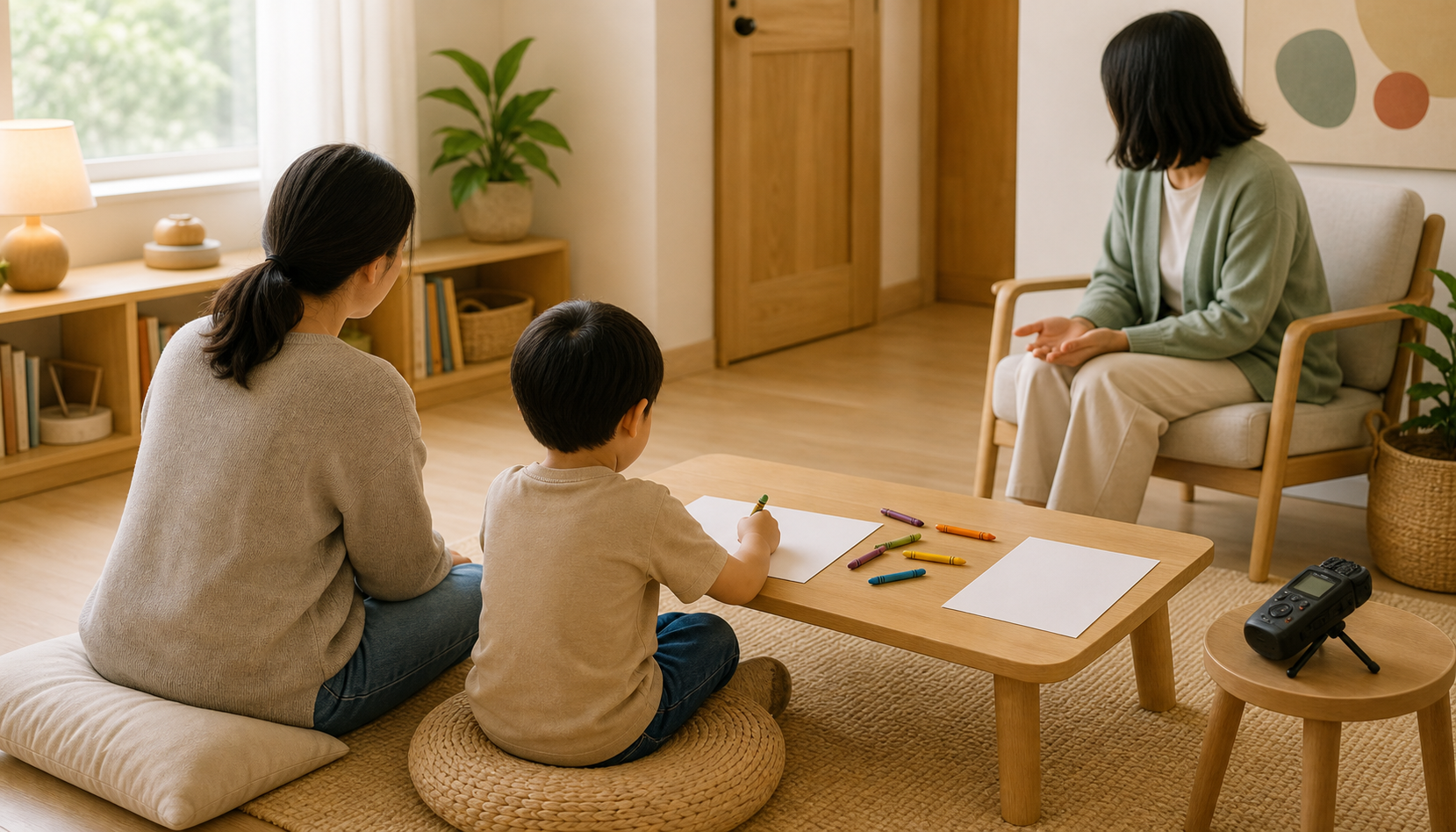 A child draws at a low table while a caregiver and an interviewer sit nearby in a calm, sunlit room.