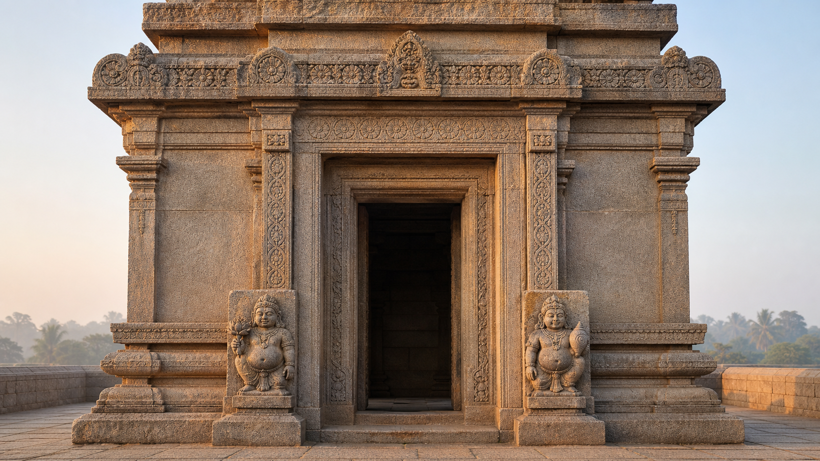 South Indian stone temple doorway with small pot-bellied treasure figures beside a lotus and a conch at the lower jambs.