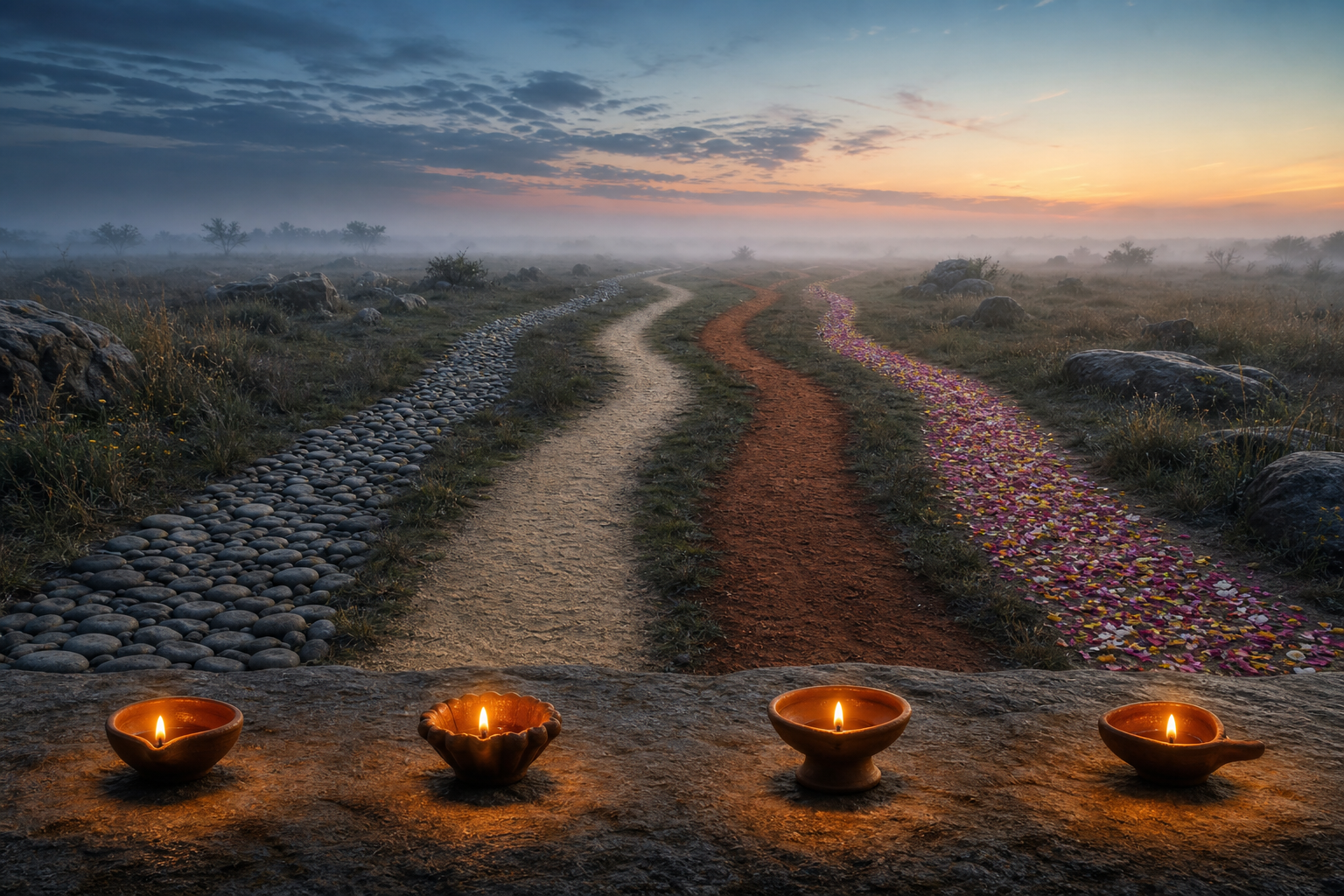 Separate paths of stone, sand, earth and flower petals lead toward a misty horizon beside four differently shaped clay lamps.