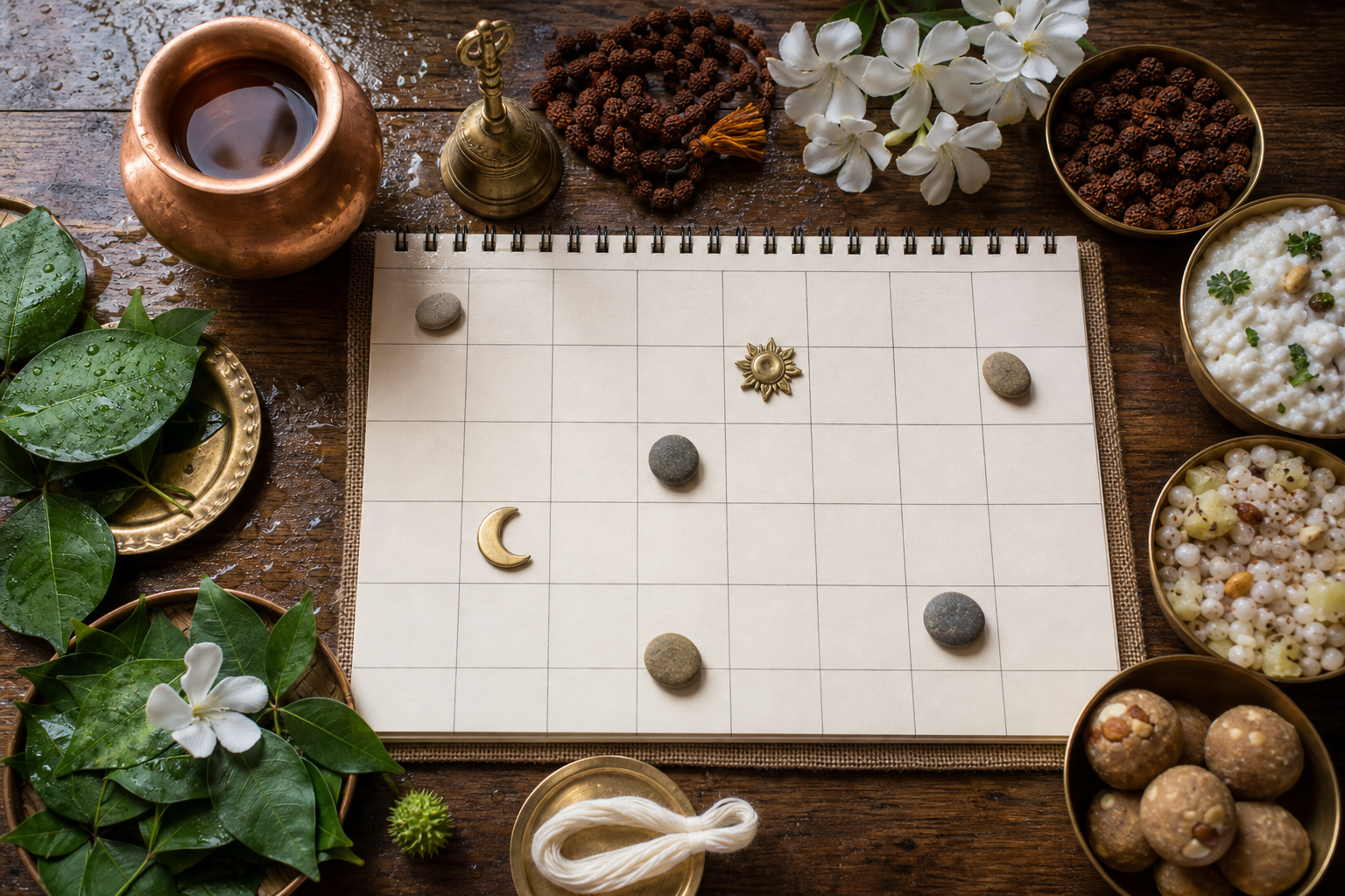 A blank household planner is arranged with moon and sun tokens, bilva leaves, prayer beads, flowers and ritual vessels.