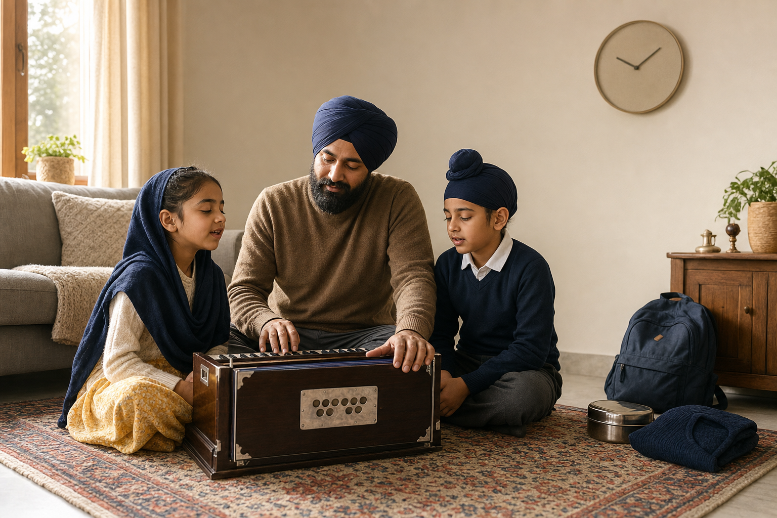 A Sikh parent and two children sing beside a small harmonium before school, with a backpack and packed lunch nearby.