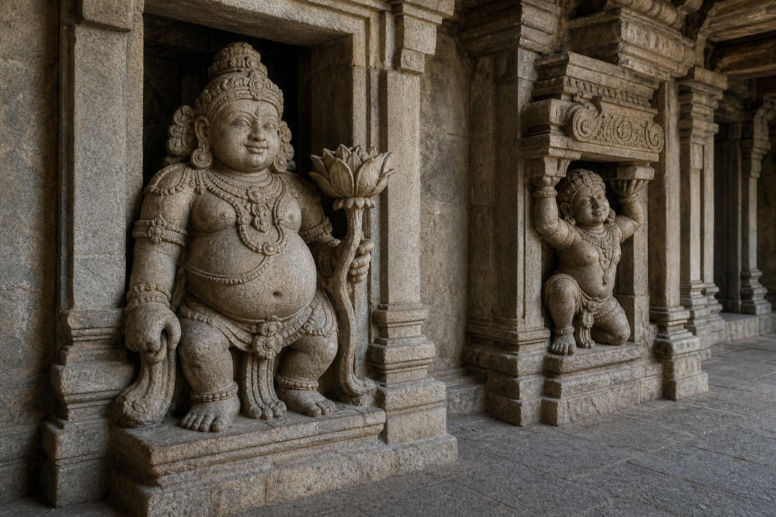 A lotus-bearing threshold figure is shown near a doorway while a generic dwarf figure supports a separate stone bracket nearby.