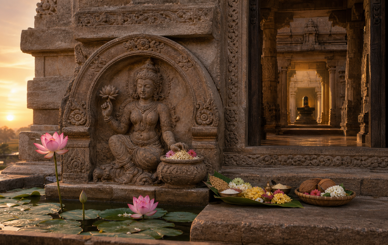 Padma Nidhi sits beside a blooming lotus and a modest vessel of grain and flowers at a softly lit temple threshold.