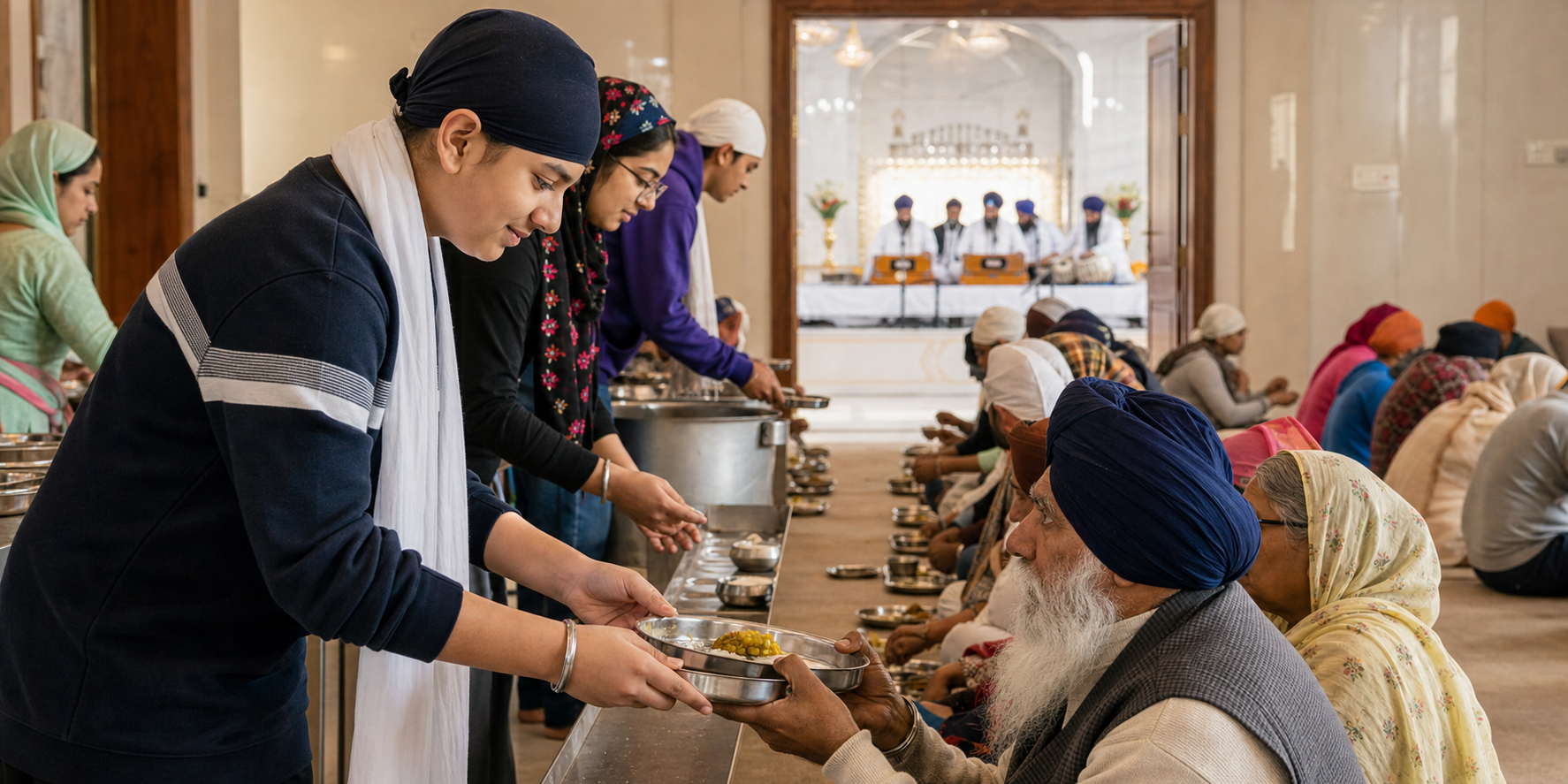 A Sikh teenager serves food to an older person in a gurdwara langar hall while kirtan musicians are visible through a doorway.