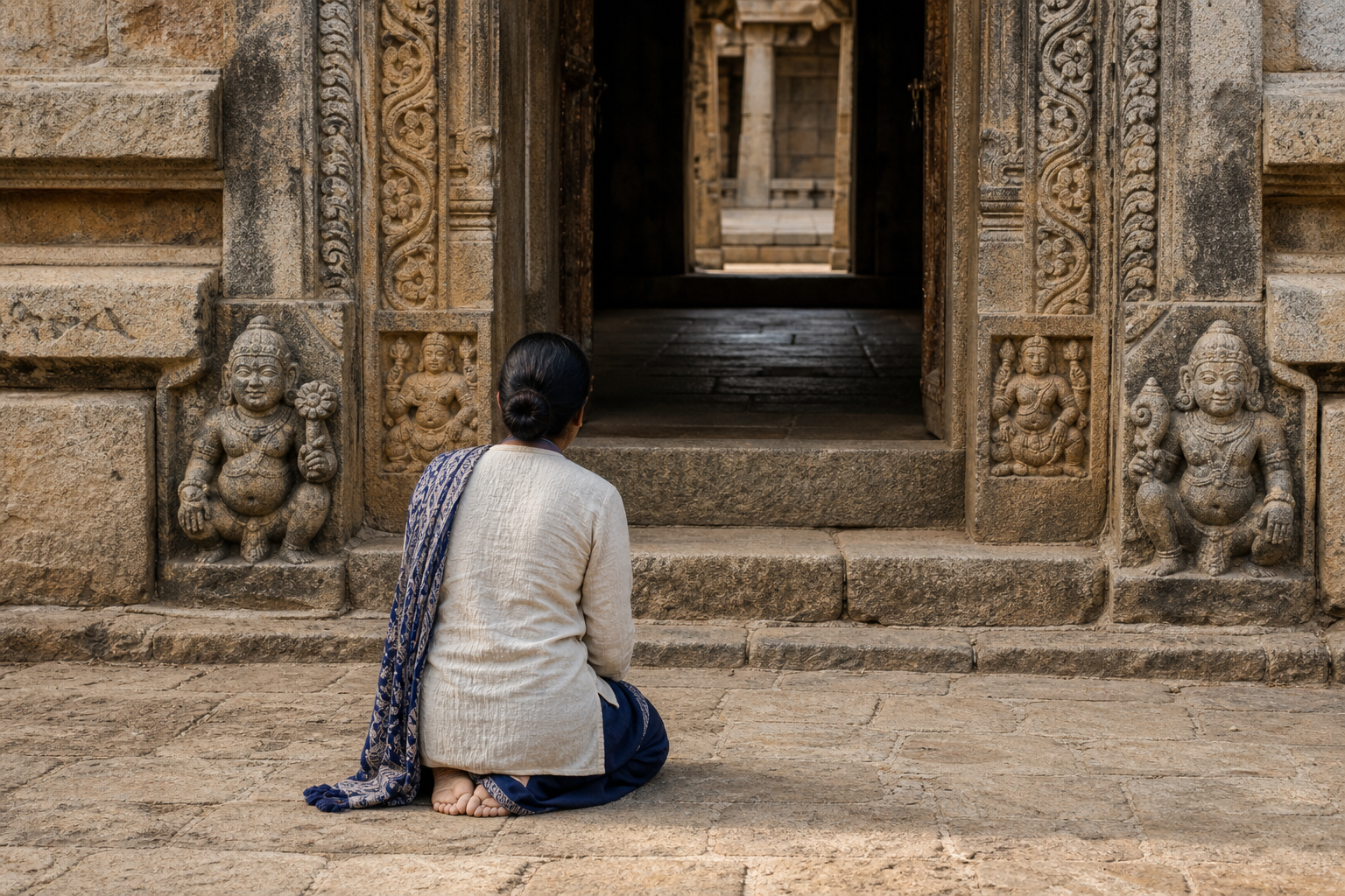 A visitor studies the lotus-bearing and conch-bearing figures placed at the base of a carved South Indian temple doorway.