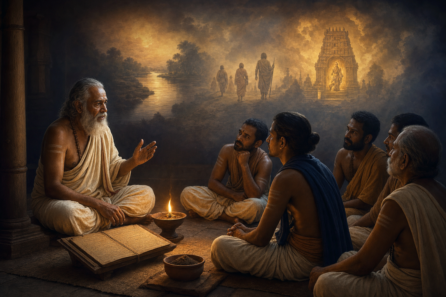An elder narrates to seated listeners beside an oil lamp, a palm-leaf manuscript and a small clay vessel, with dreamlike pilgrimage imagery in the background.