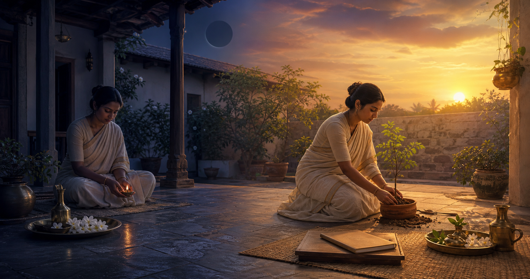An Indian courtyard transitions from indigo predawn to golden morning, with a prayer lamp and flowers on one side and a sapling and workspace on the other.