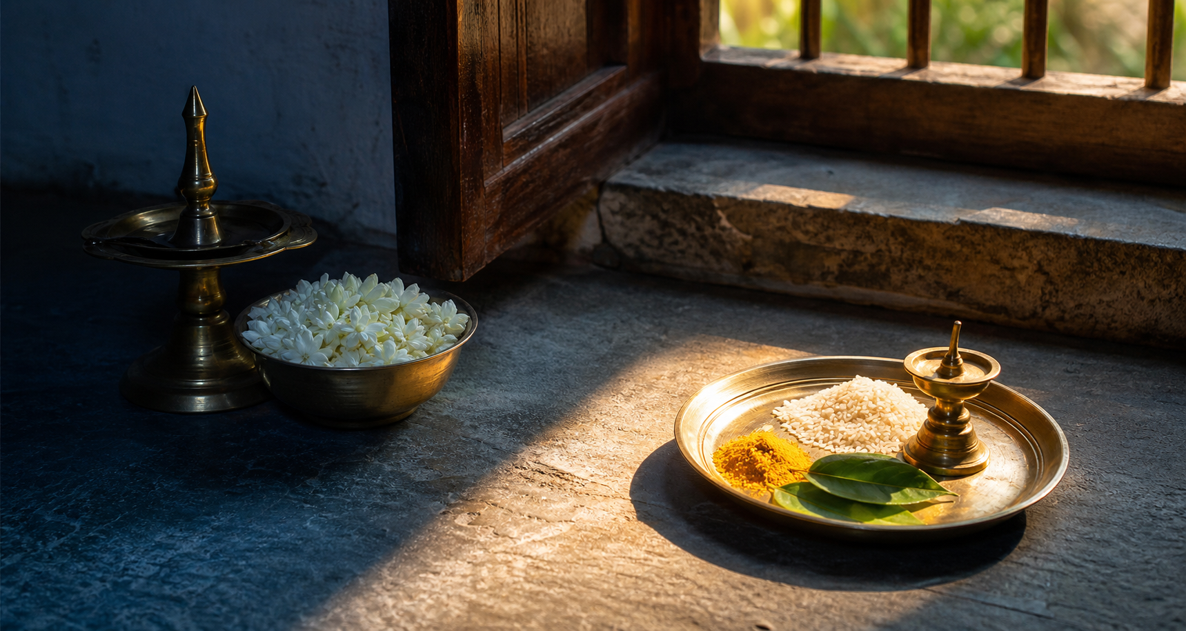 Morning sunlight crosses a stone floor between a lit brass lamp with white flowers and a fresh ritual tray in an Indian home.
