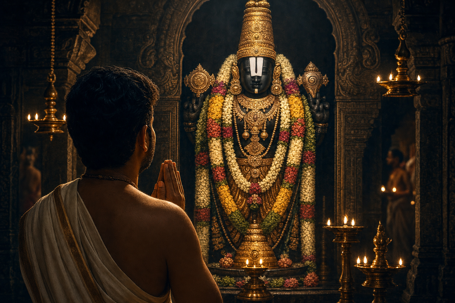 A devotee with joined hands receives darshan before the lamp-lit, garlanded form of Lord Venkateswara in a temple sanctum.