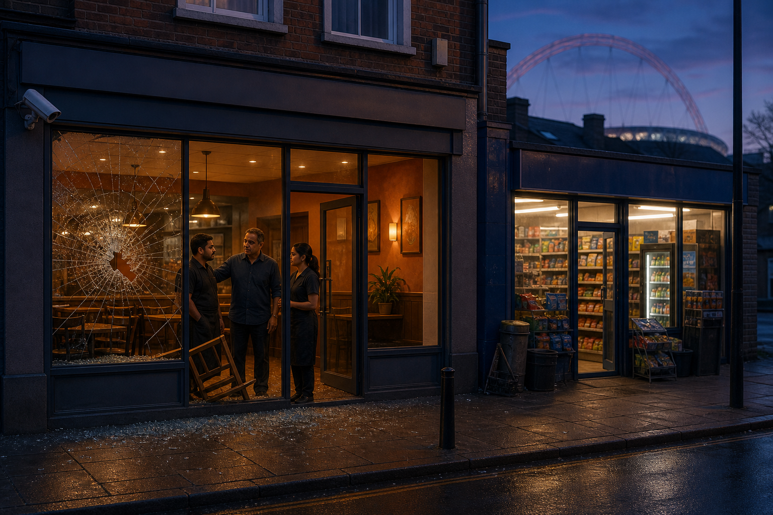 Indian restaurant staff stand together inside a Wembley high street premises with a cracked outer window and a security camera visible above the entrance.