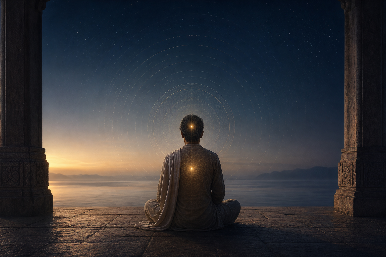 A seated meditation practitioner in a dawn pavilion is surrounded by fading translucent ripples while a steady golden glow remains at the center of the figure.