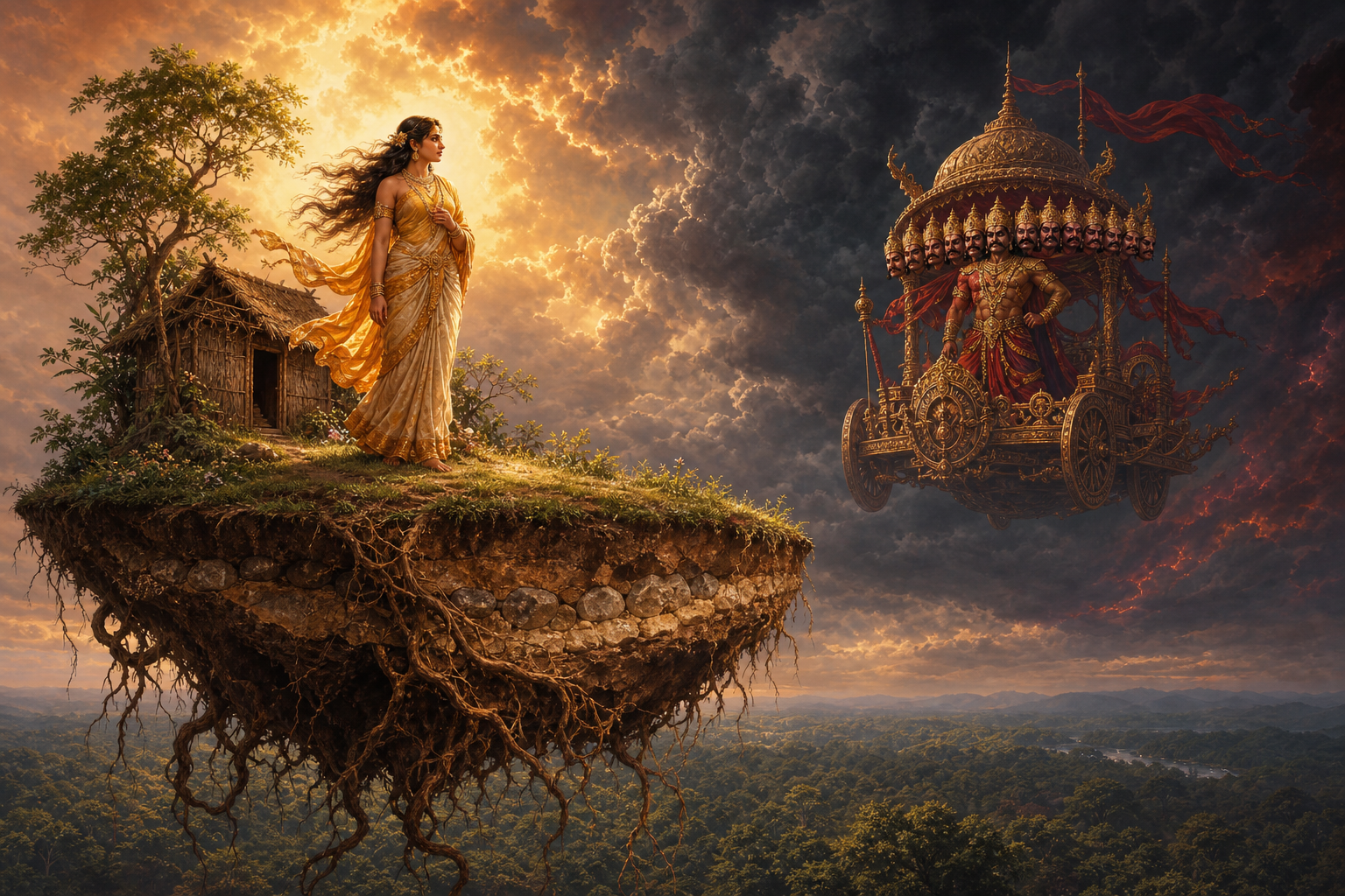 Sita stands beside a forest hermitage on an uprooted mass of soil and roots as Ravana carries it toward an aerial chariot without touching her.
