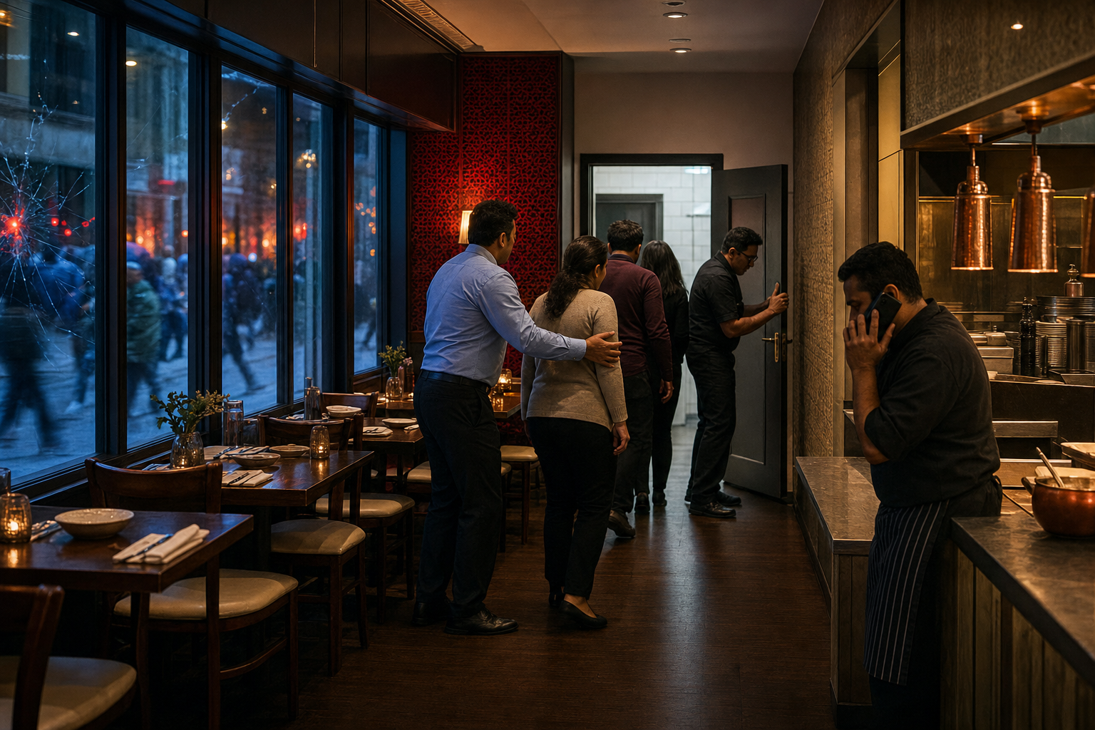 Restaurant staff guide customers away from the front windows while a manager calls emergency services from a secure rear area.