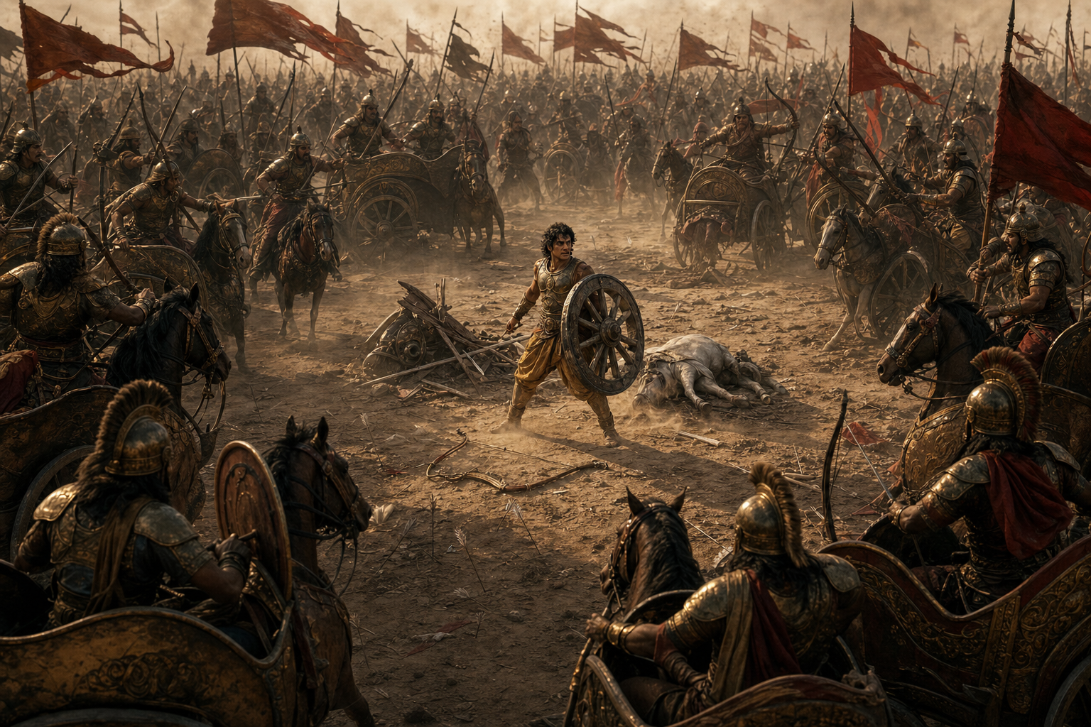 Abhimanyu stands beside his shattered chariot with a broken wheel as several warriors close in around him on the dusty battlefield of Kurukshetra.