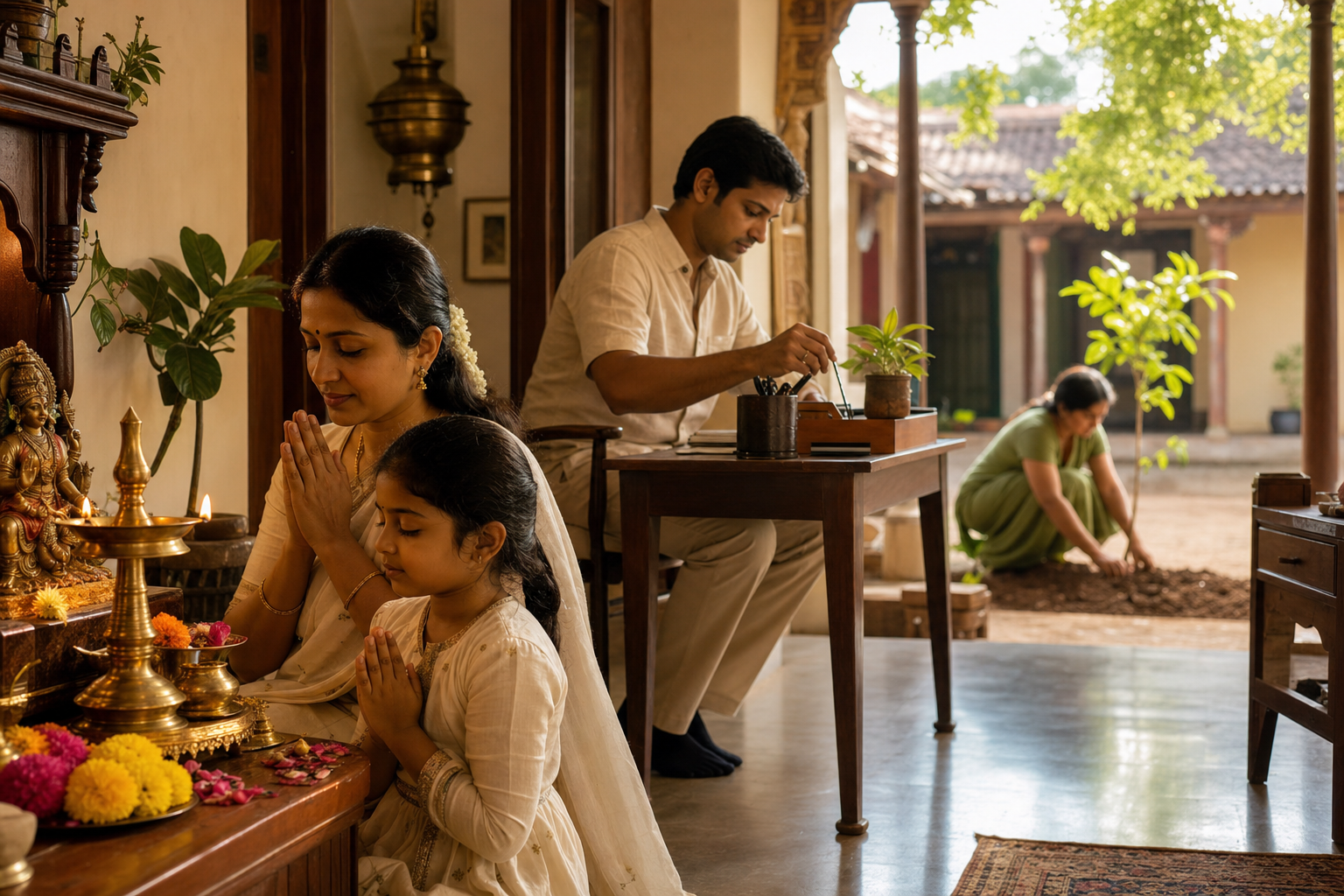 A family performs a simple puja in the foreground while a workspace and the planting of a sapling appear farther into a sunlit courtyard.
