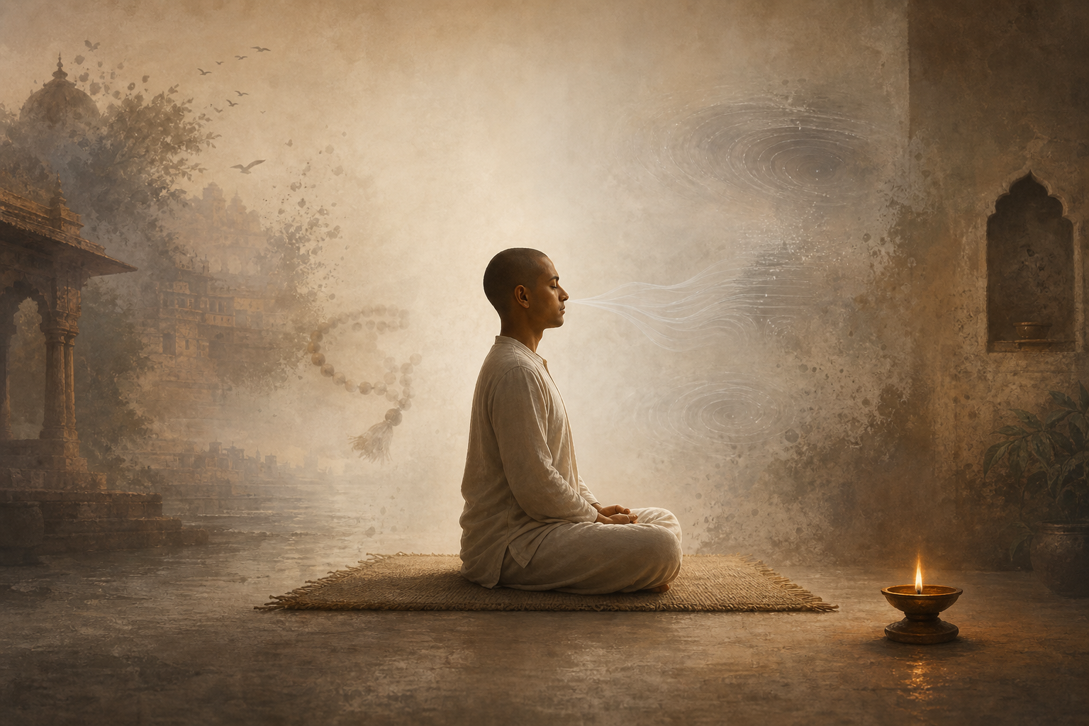 A meditation practitioner sits beside a steady oil lamp as surrounding architectural details, prayer beads, and translucent ripples gradually fade into open space.