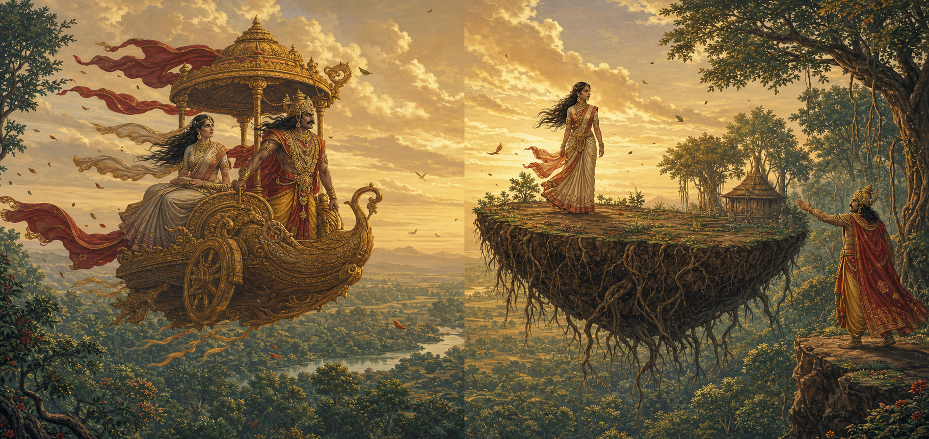 Two side-by-side epic scenes contrast an aerial abduction with Sita being transported on an uprooted section of forest ground.