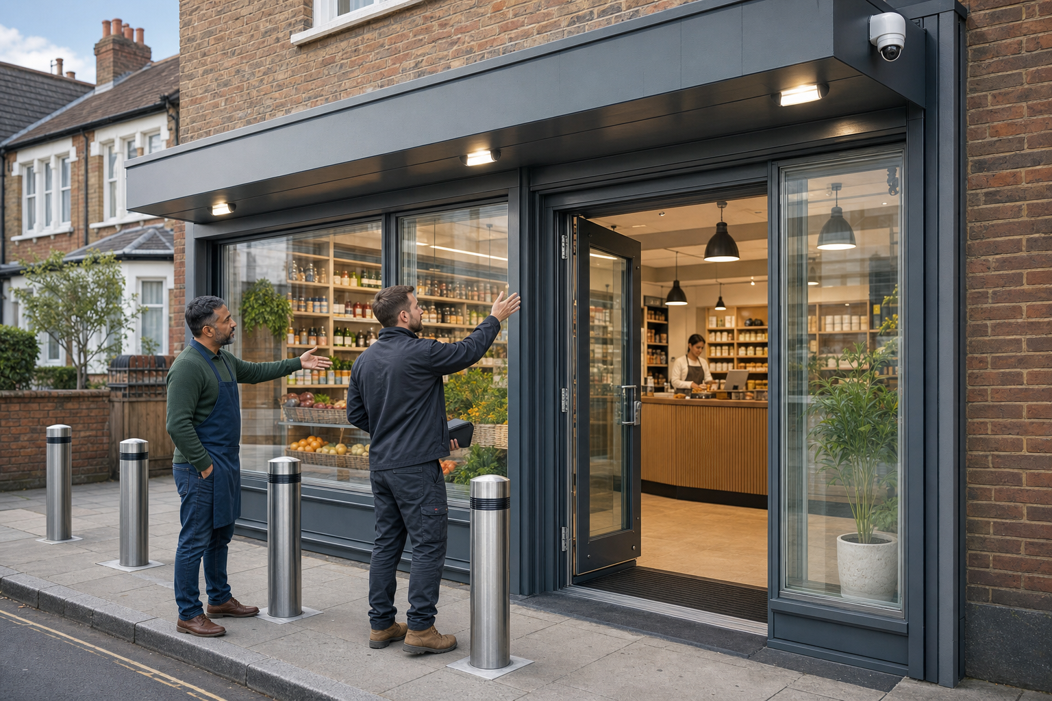 A shop owner and security installer inspect reinforced glazing, bollards, lighting, and a security camera outside a Wembley storefront.