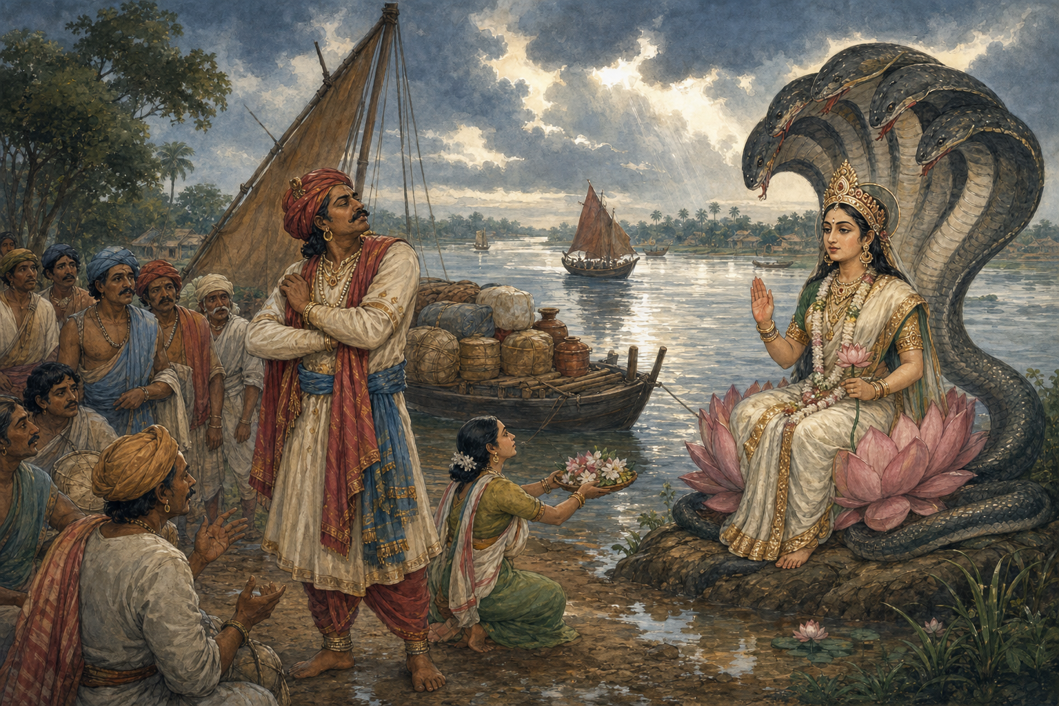 A river merchant turns from an offering as Manasa Devi appears beneath a cobra canopy beside a wooden trading boat.