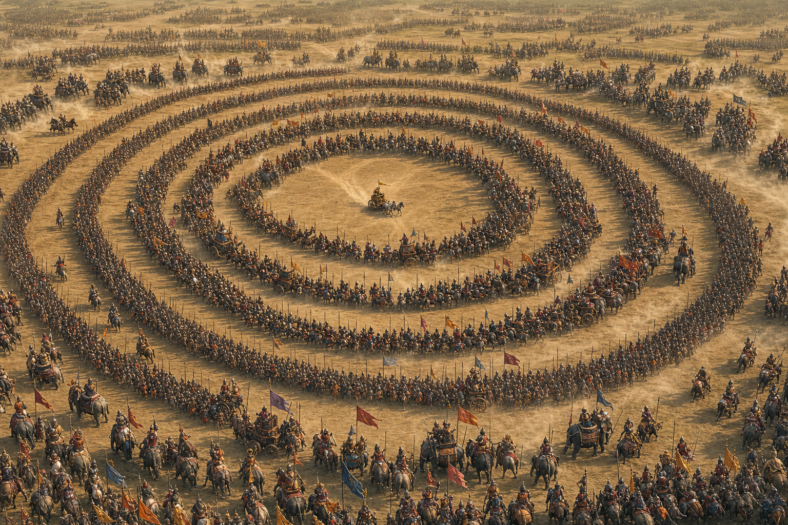 Two evenly matched warriors face each other on one side of a battlefield while multiple fighters encircle a lone disarmed warrior on the other.