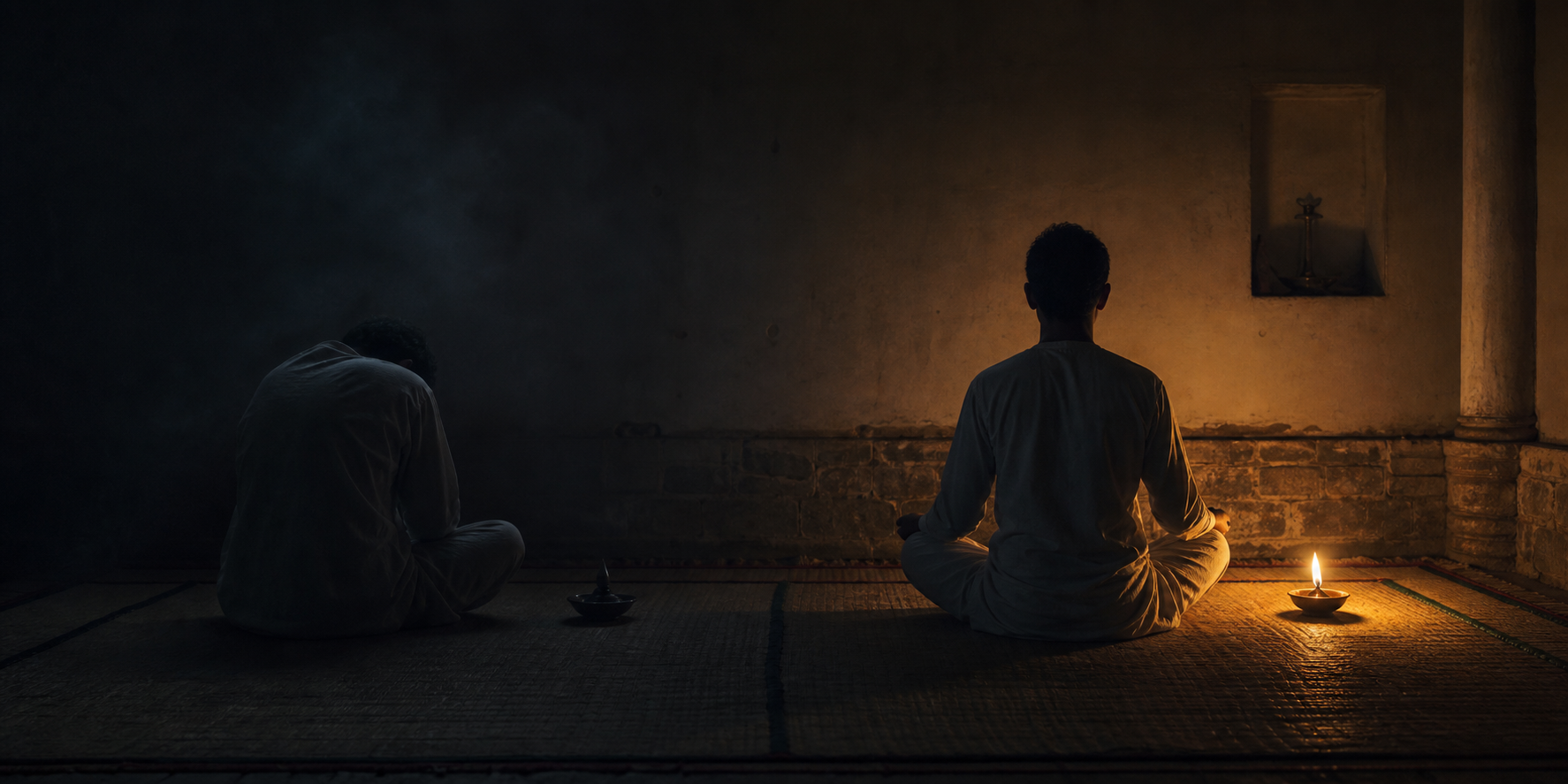Two contrasting meditation scenes show a slumped figure in murky darkness beside an upright figure clearly illuminated by a small lamp.