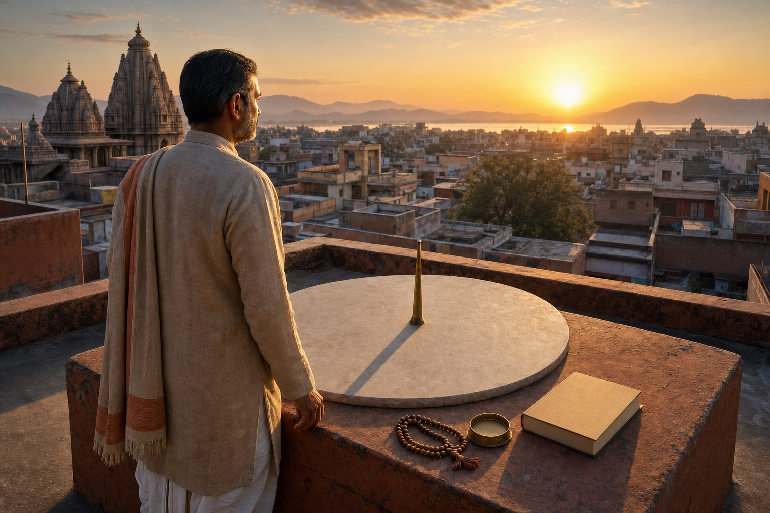 A Panchang practitioner observes sunrise from a city rooftop beside an unmarked brass gnomon casting a long shadow.