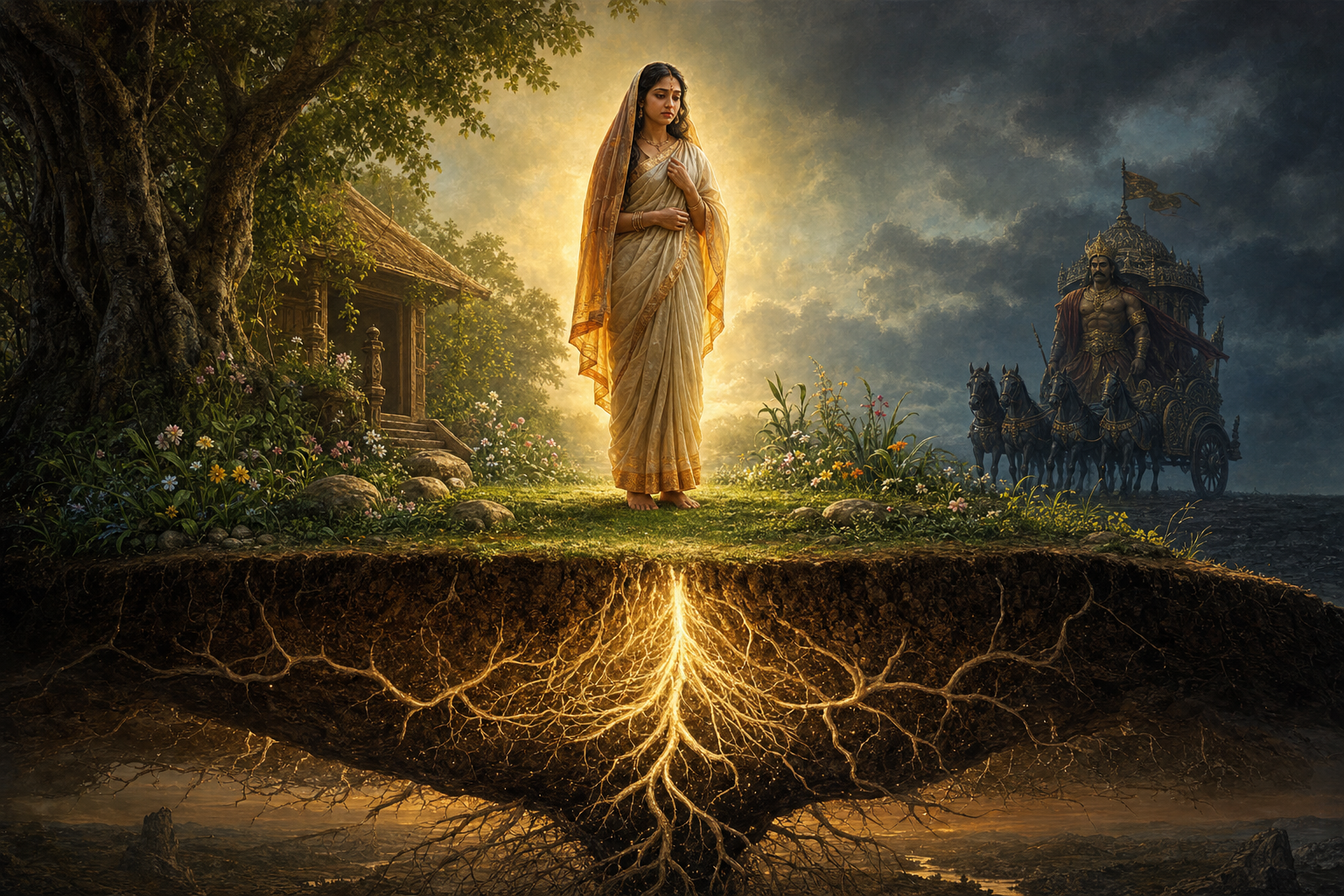 Sita stands firmly on a lifted island of living earth with exposed roots while Ravana and his chariot remain at the shadowed edge of the scene.