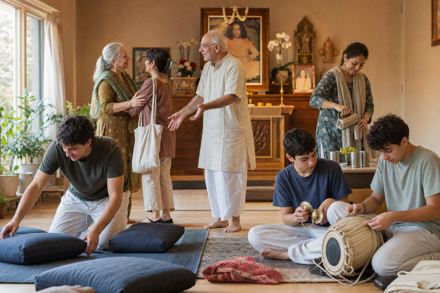 Community members welcome a newcomer, study together, and prepare offerings and a shared meal in a prayer hall.