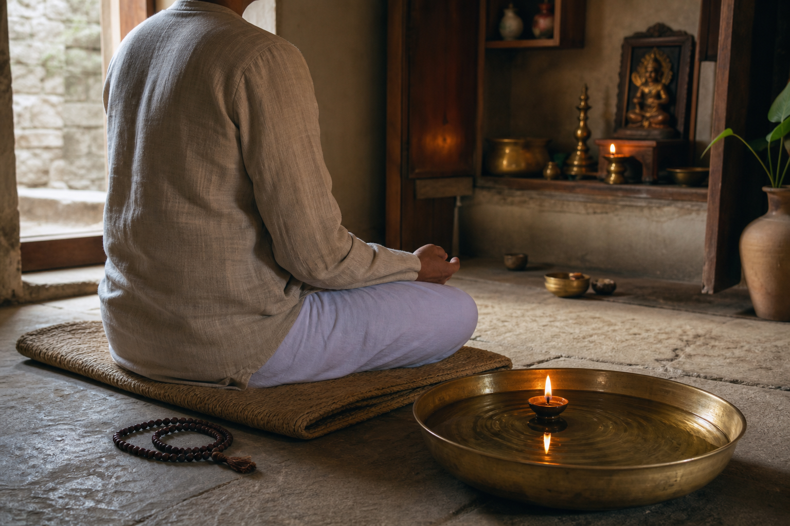 A practitioner meditates upright beside resting prayer beads, a steady oil lamp, and a brass bowl whose water ripples are settling.
