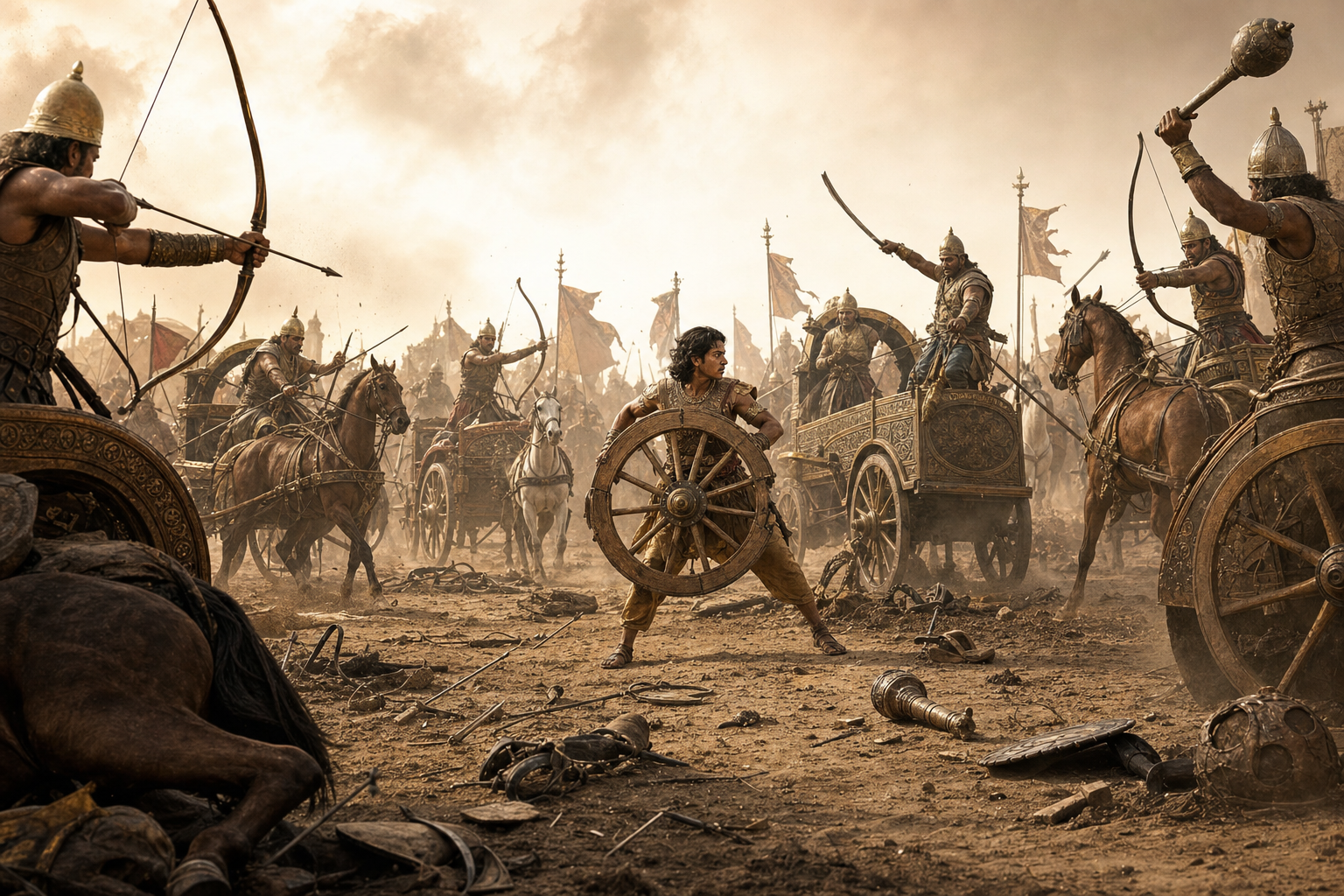 Abhimanyu's chariot advances inside the concentric ranks of the Chakravyuha as the formation closes behind him and blocks his allies.