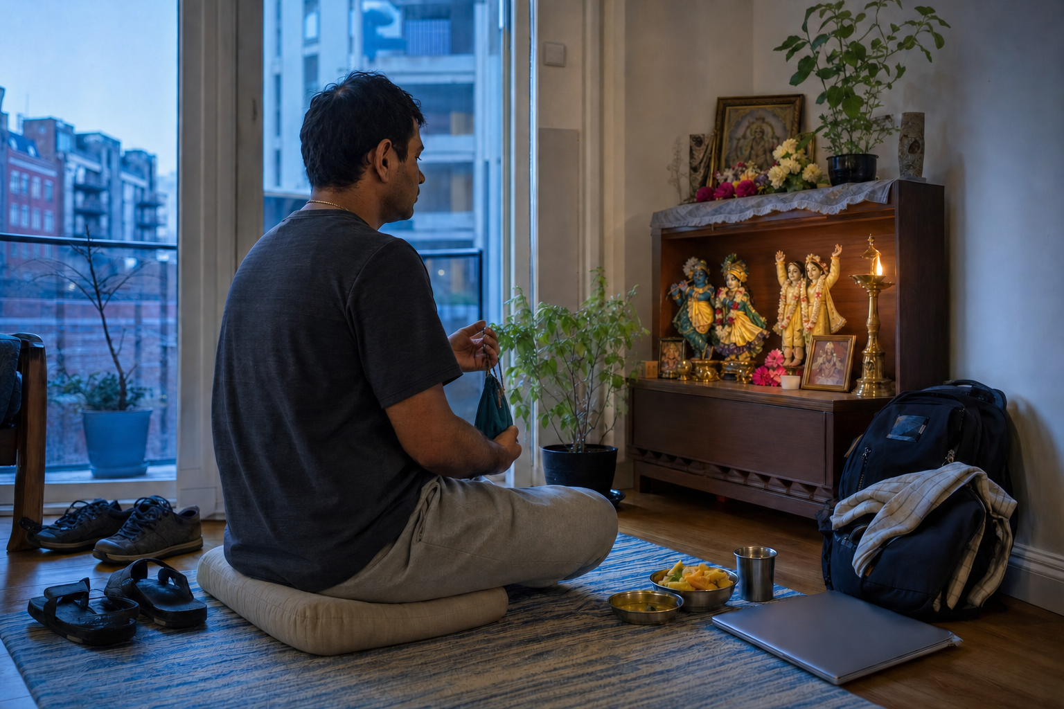 A devotee chants with japa beads before a small home altar at dawn, with a work bag and household items nearby.