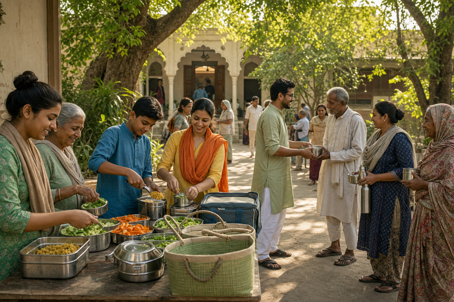 A newcomer moves through four connected temple courtyards, progressing from being welcomed to participating, serving, and helping lead.