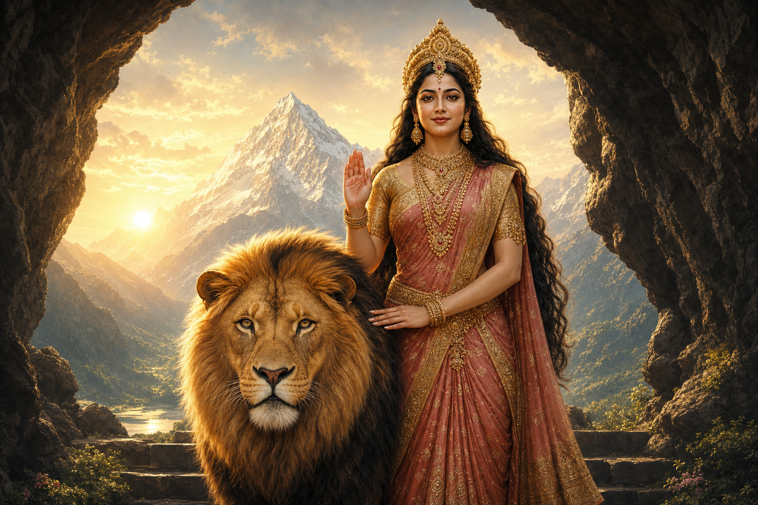 Parvati stands beside a lion guarding the entrance to a mountain sanctuary overlooking a radiant valley.