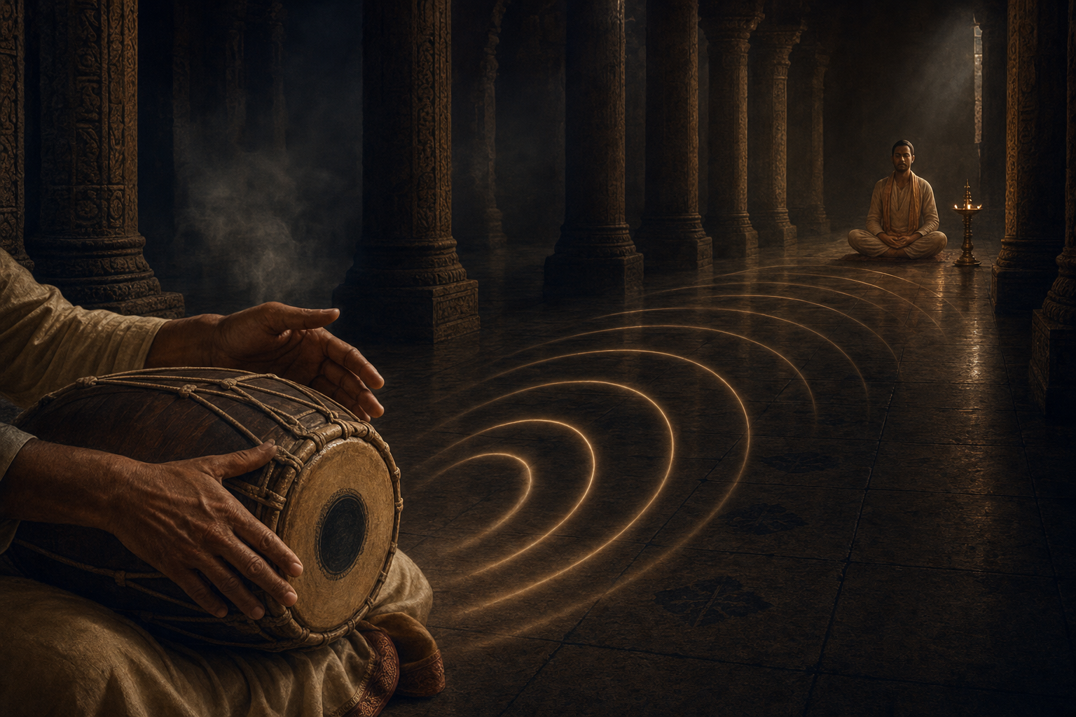 Hands rest on a double-headed drum as luminous vibration arcs fade across a pillared hall toward a seated meditator and steady lamp.