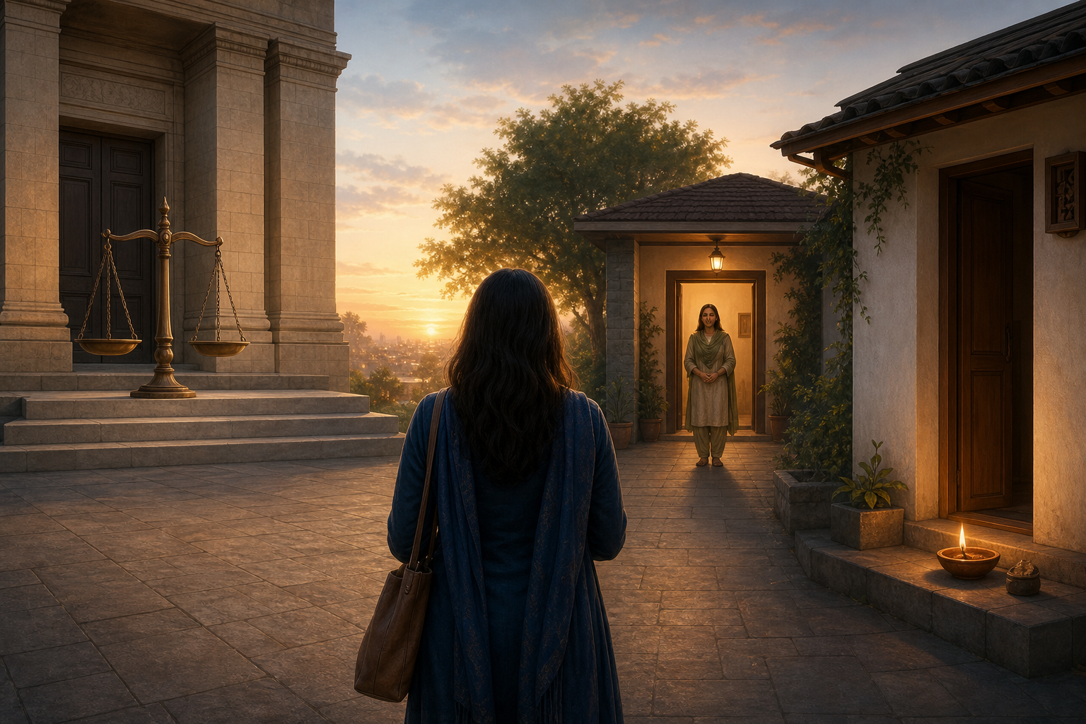 An anonymous woman stands between a courthouse entrance, a sheltered doorway, and a glowing diya at a home threshold.