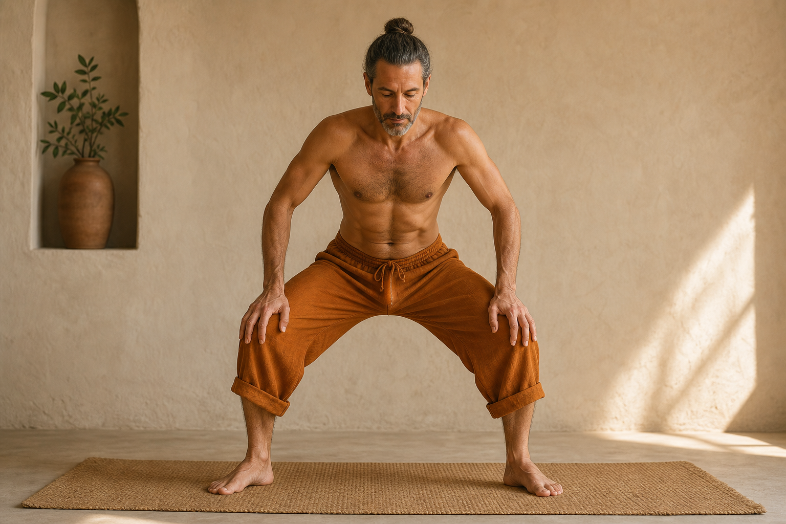 An adult yoga practitioner leans forward with hands on the thighs while performing a controlled central abdominal isolation in a quiet practice room.
