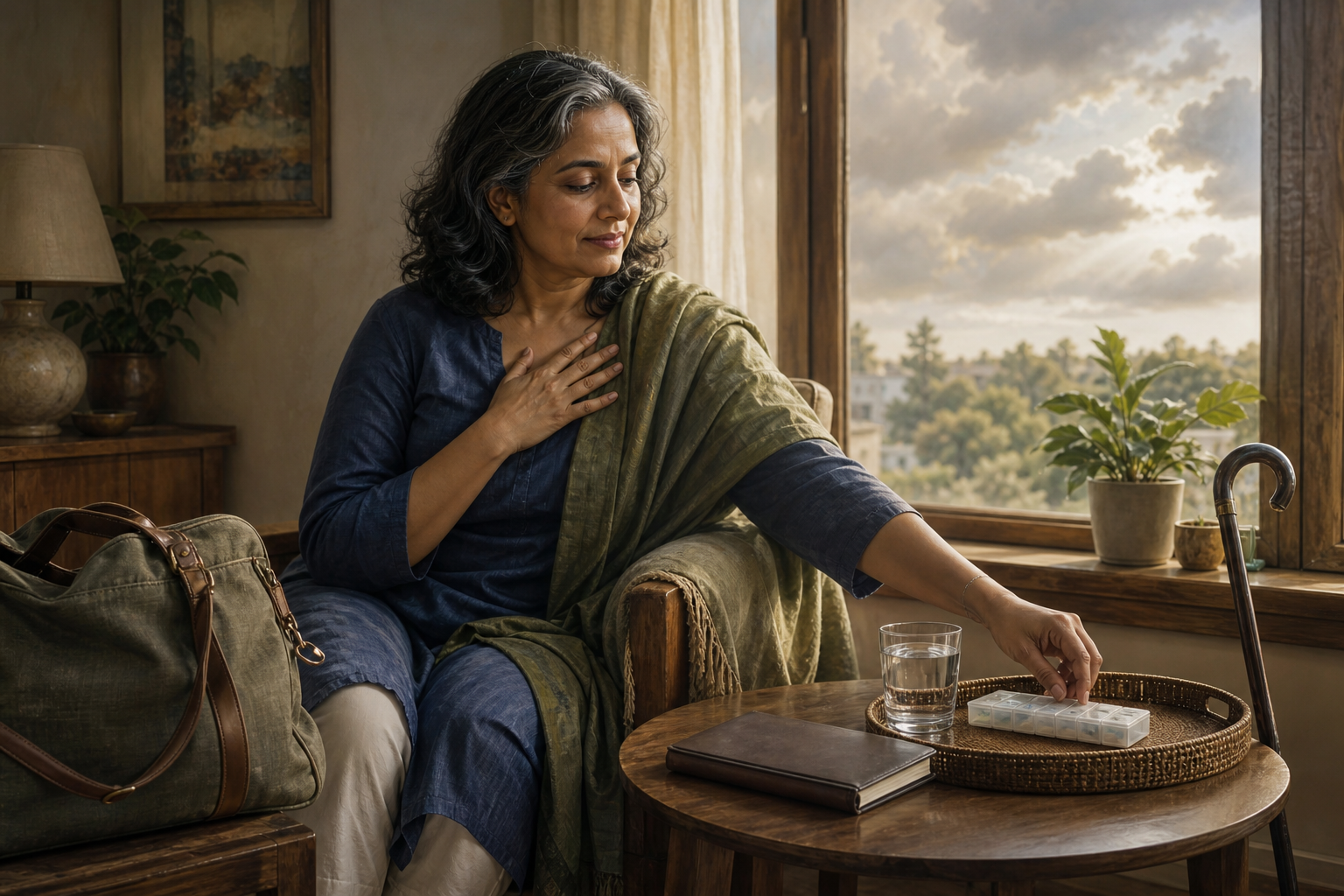An adult sits by a window with a cane, water, medication organizer, and closed notebook nearby after setting aside a packed day bag.
