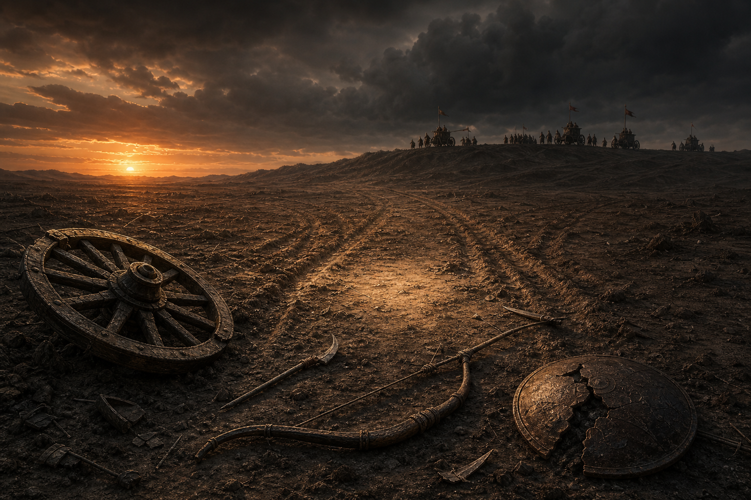 Broken weapons and an overturned chariot wheel lie among converging tracks while Kaurava chariots stand beneath storm clouds in the distance.