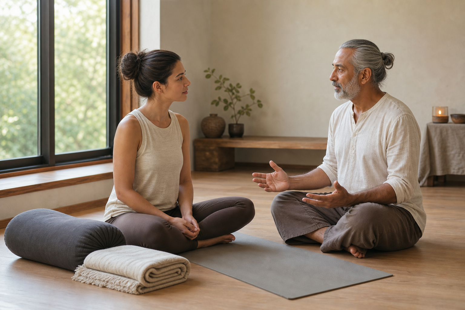 A yoga teacher and an adult student have a calm readiness discussion beside an unused mat and supportive props.