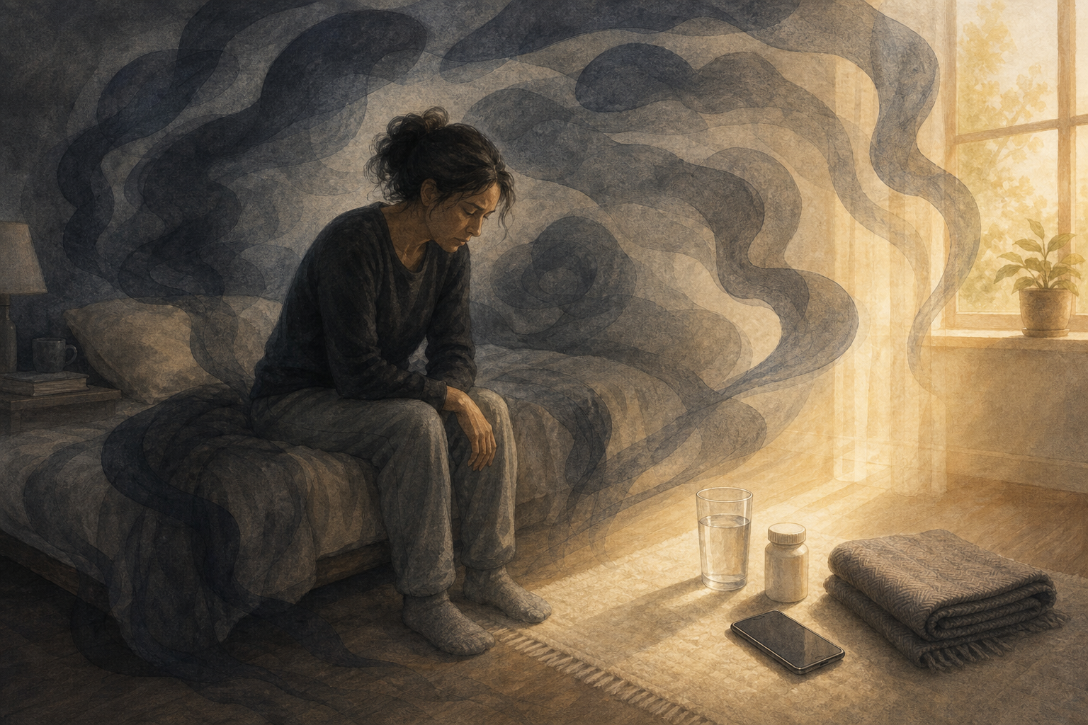 An adult sits on a bed as dark swirling shapes open toward water, medicine, a phone, and a folded blanket in a patch of light.