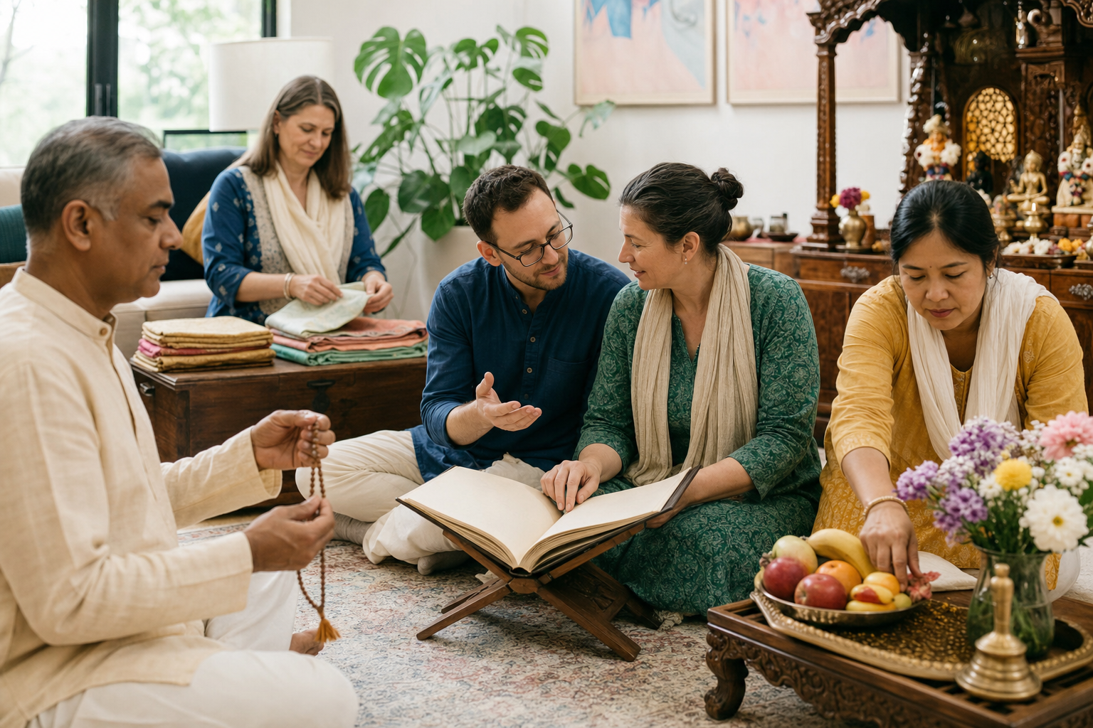 Devotees in a home chant with beads, discuss an open book, prepare a fruit offering, and fold altar cloths together.