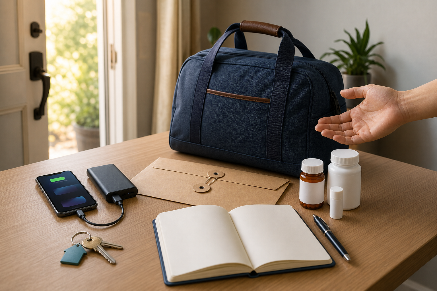 A safety-planning table holds a phone, power bank, keys, sealed envelope, blank notebook, medicine, and a small overnight bag beside an open doorway.